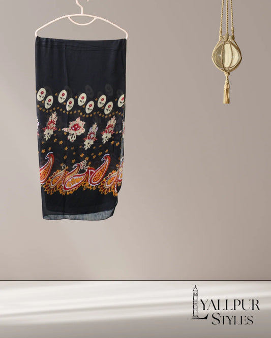 Royal Paisley & Floral Border Printed Slub Lawn Scarf – 75x33 Inches