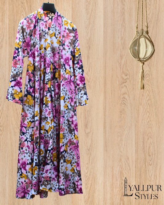 Kaleidoscope Watercolor Silk Chiffon Abaya | Flowy Bell Sleeve & V-Neck