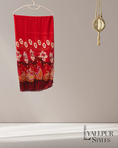 Royal Paisley & Floral Border Printed Slub Lawn Scarf – 75x33 Inches