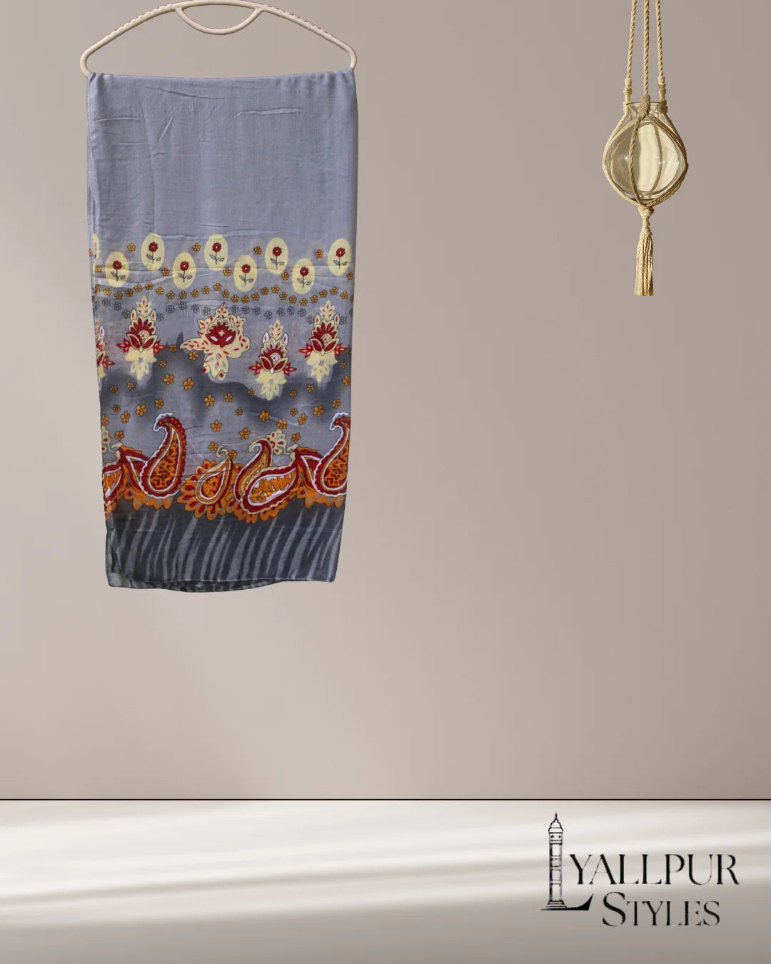 Royal Paisley & Floral Border Printed Slub Lawn Scarf – 75x33 Inches