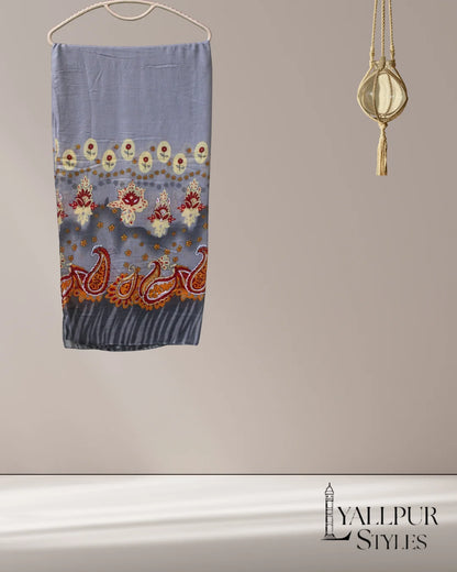 Royal Paisley & Floral Border Printed Slub Lawn Scarf – 75x33 Inches