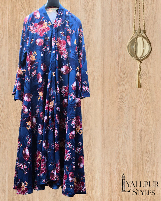 Starlight Garden Navy Abaya | Flowy Silk Chiffon with Bell Sleeves