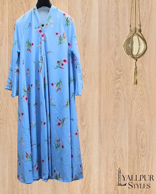 Sky Bloom Silk Chiffon Abaya | Delicate Floral Print & Bell Sleeves