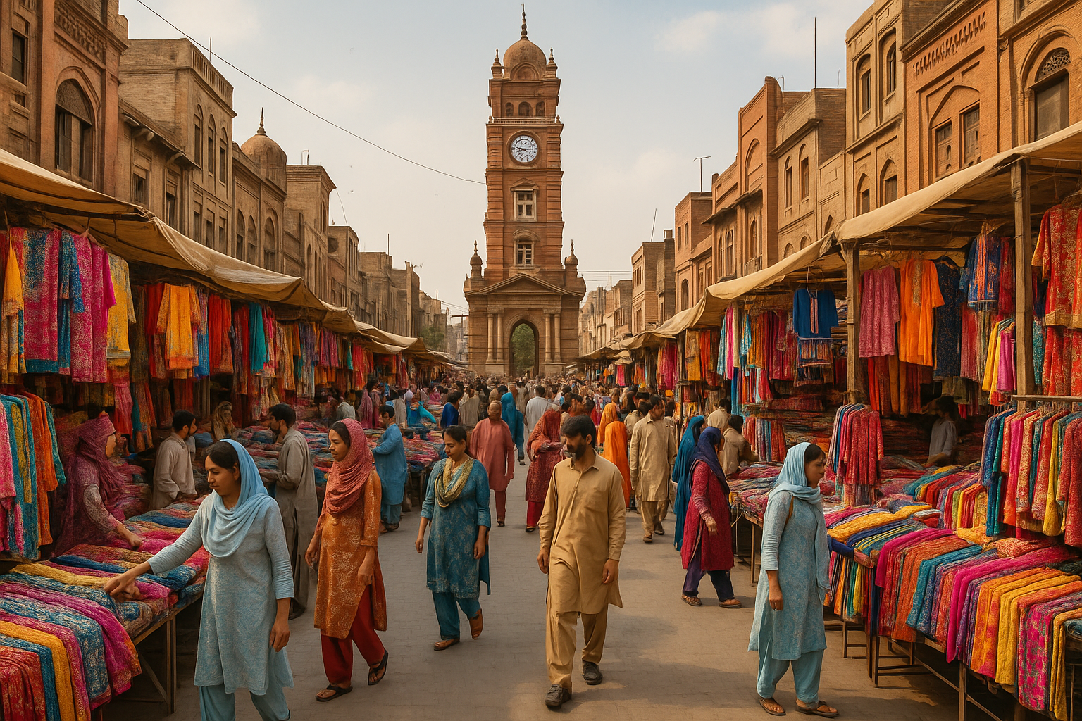 faisalabad clock tower with cloths market around