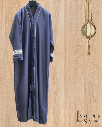 Racing Stripe Abaya with Beaded Sleeves | Sport-Luxe V-Neck Design | Nida Fabric
