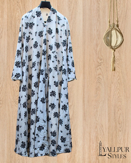 Ivory Whisper Silk Chiffon Abaya | Delicate Floral Print & Bell Sleeves